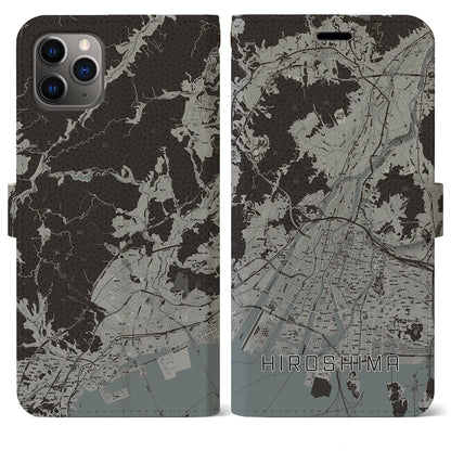 【広島（広島県）】地図柄iPhoneケース（手帳タイプ）モノトーン・iPhone 11 Pro Max 用