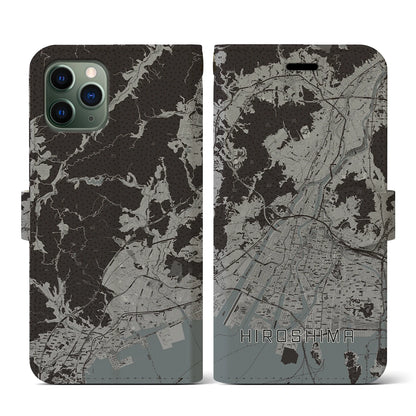 【広島（広島県）】地図柄iPhoneケース（手帳タイプ）モノトーン・iPhone 11 Pro 用