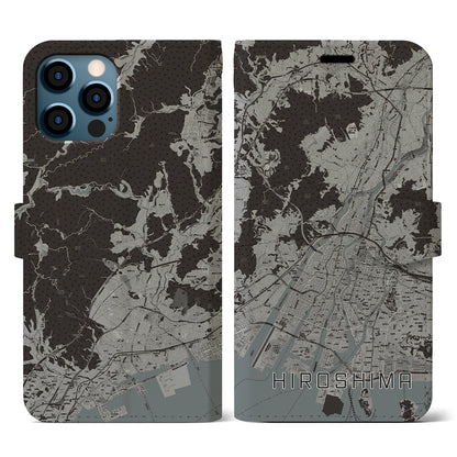 【広島（広島県）】地図柄iPhoneケース（手帳タイプ）モノトーン・iPhone 12 / 12 Pro 用