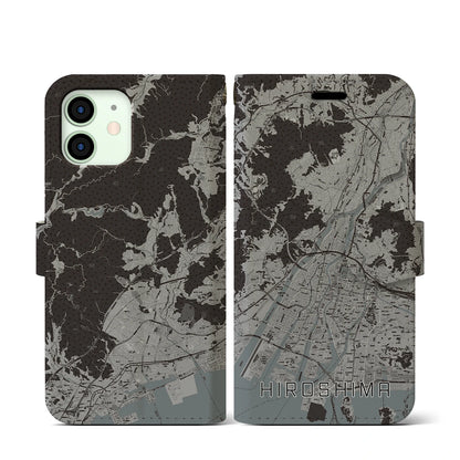【広島（広島県）】地図柄iPhoneケース（手帳タイプ）モノトーン・iPhone 12 mini 用