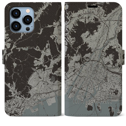 【広島（広島県）】地図柄iPhoneケース（手帳タイプ）モノトーン・iPhone 13 Pro Max 用