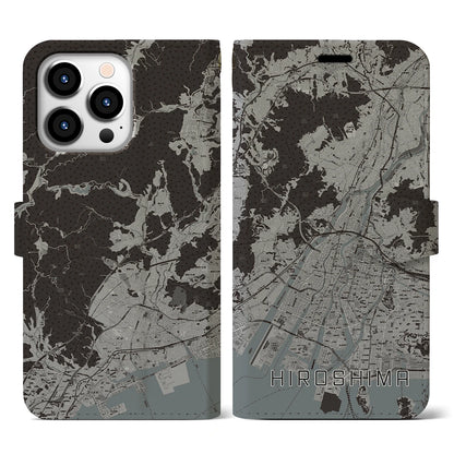 【広島（広島県）】地図柄iPhoneケース（手帳タイプ）モノトーン・iPhone 13 Pro 用