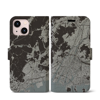 【広島（広島県）】地図柄iPhoneケース（手帳タイプ）モノトーン・iPhone 13 mini 用