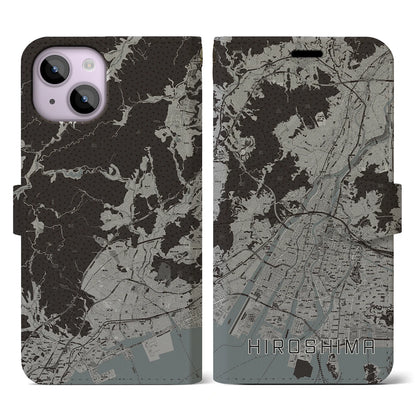 【広島（広島県）】地図柄iPhoneケース（手帳タイプ）モノトーン・iPhone 14 用