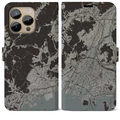 【広島（広島県）】地図柄iPhoneケース（手帳タイプ）モノトーン・iPhone 14 Pro Max 用