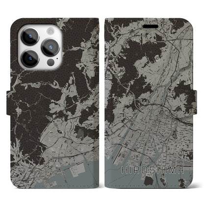 【広島（広島県）】地図柄iPhoneケース（手帳タイプ）モノトーン・iPhone 14 Pro 用