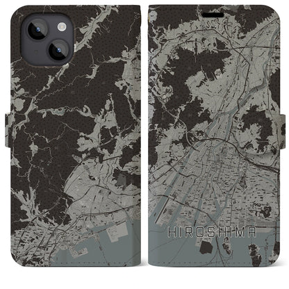 【広島（広島県）】地図柄iPhoneケース（手帳タイプ）モノトーン・iPhone 14 Plus 用