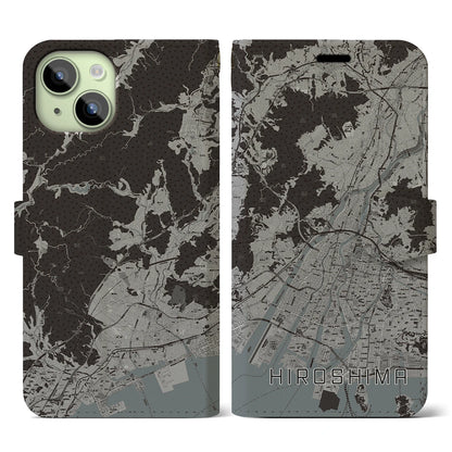 【広島（広島県）】地図柄iPhoneケース（手帳タイプ）モノトーン・iPhone 15 用
