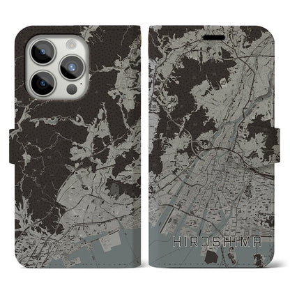 【広島（広島県）】地図柄iPhoneケース（手帳タイプ）モノトーン・iPhone 15 Pro 用