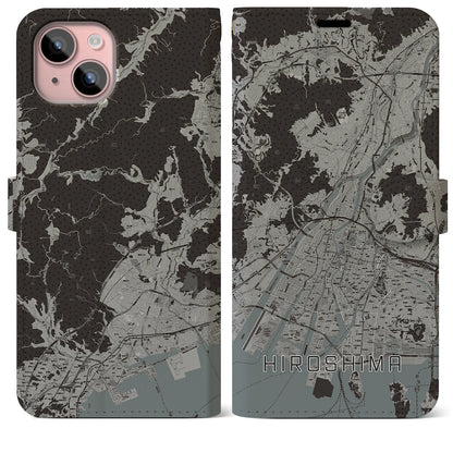 【広島（広島県）】地図柄iPhoneケース（手帳タイプ）モノトーン・iPhone 15 Plus 用