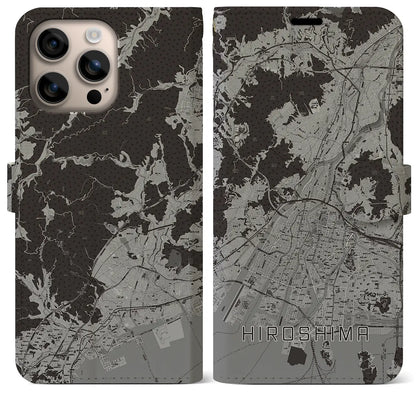 【広島（広島県）】地図柄iPhoneケース（手帳タイプ）モノトーン・iPhone 16 Plus 用