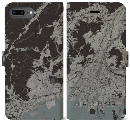 【広島（広島県）】地図柄iPhoneケース（手帳タイプ）モノトーン・iPhone 8Plus /7Plus / 6sPlus / 6Plus 用