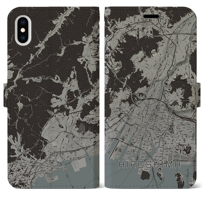 【広島（広島県）】地図柄iPhoneケース（手帳タイプ）モノトーン・iPhone XS Max 用