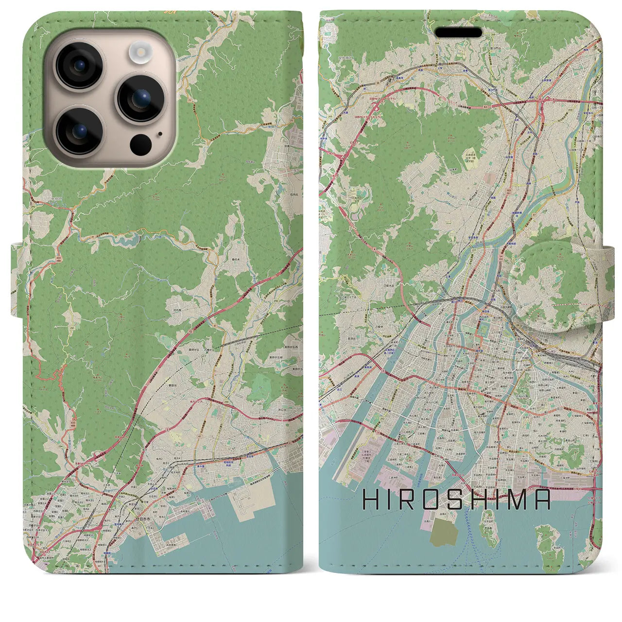 【広島（広島県）】地図柄iPhoneケース（手帳タイプ）ナチュラル・iPhone 16 Plus 用