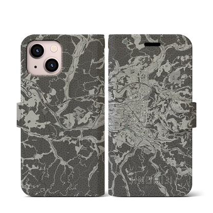 【日田2（大分県）】地図柄iPhoneケース（手帳タイプ）モノトーン・iPhone 13 mini 用