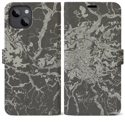 【日田2（大分県）】地図柄iPhoneケース（手帳タイプ）モノトーン・iPhone 14 Plus 用