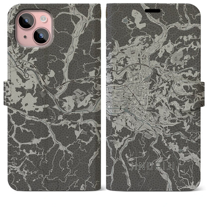 【日田2（大分県）】地図柄iPhoneケース（手帳タイプ）モノトーン・iPhone 15 Plus 用