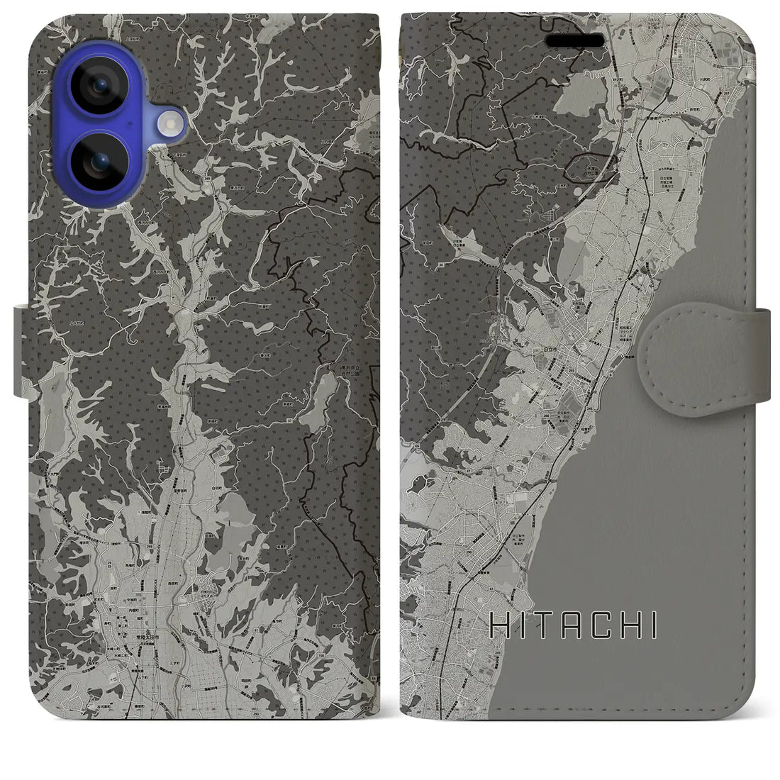 【日立(茨城県)】地図柄iPhoneケース(手帳タイプ)モノトーン・iPhone 16 Pro Max 用
