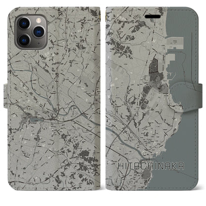 【ひたちなか（茨城県）】地図柄iPhoneケース（手帳タイプ）モノトーン・iPhone 11 Pro Max 用