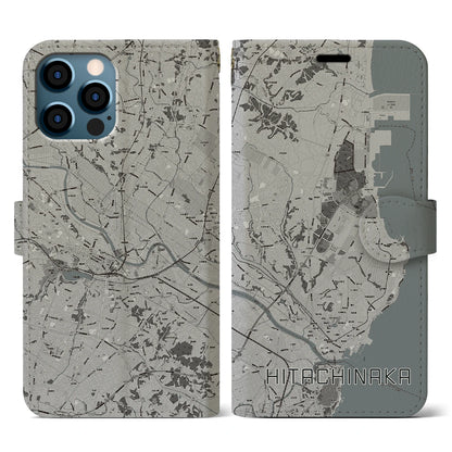 【ひたちなか（茨城県）】地図柄iPhoneケース（手帳タイプ）モノトーン・iPhone 12 / 12 Pro 用