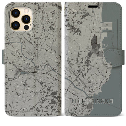 【ひたちなか（茨城県）】地図柄iPhoneケース（手帳タイプ）モノトーン・iPhone 12 Pro Max 用