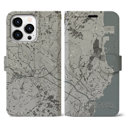 【ひたちなか（茨城県）】地図柄iPhoneケース（手帳タイプ）モノトーン・iPhone 13 Pro 用