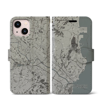 【ひたちなか（茨城県）】地図柄iPhoneケース（手帳タイプ）モノトーン・iPhone 13 mini 用