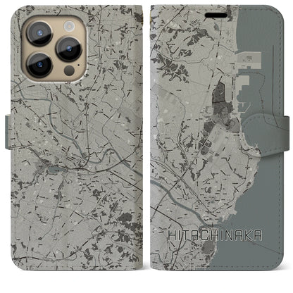 【ひたちなか（茨城県）】地図柄iPhoneケース（手帳タイプ）モノトーン・iPhone 14 Pro Max 用
