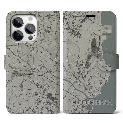 【ひたちなか（茨城県）】地図柄iPhoneケース（手帳タイプ）モノトーン・iPhone 14 Pro 用