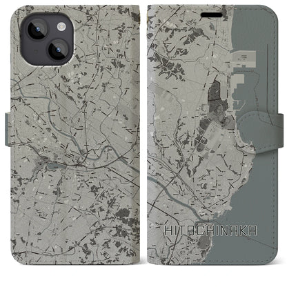 【ひたちなか（茨城県）】地図柄iPhoneケース（手帳タイプ）モノトーン・iPhone 14 Plus 用
