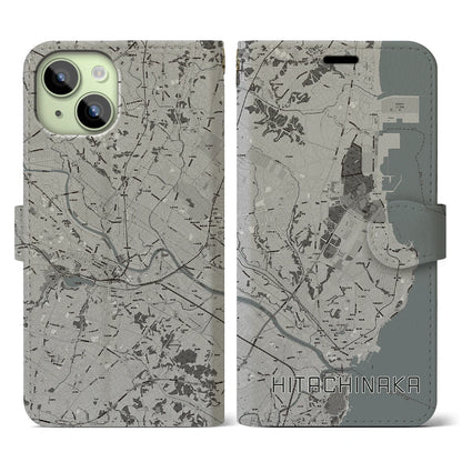 【ひたちなか（茨城県）】地図柄iPhoneケース（手帳タイプ）モノトーン・iPhone 15 用