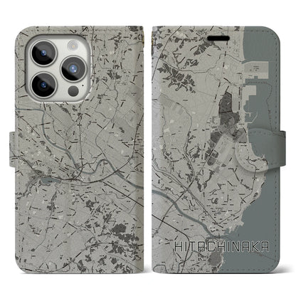 【ひたちなか（茨城県）】地図柄iPhoneケース（手帳タイプ）モノトーン・iPhone 15 Pro 用