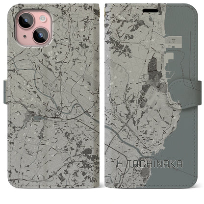 【ひたちなか（茨城県）】地図柄iPhoneケース（手帳タイプ）モノトーン・iPhone 15 Plus 用