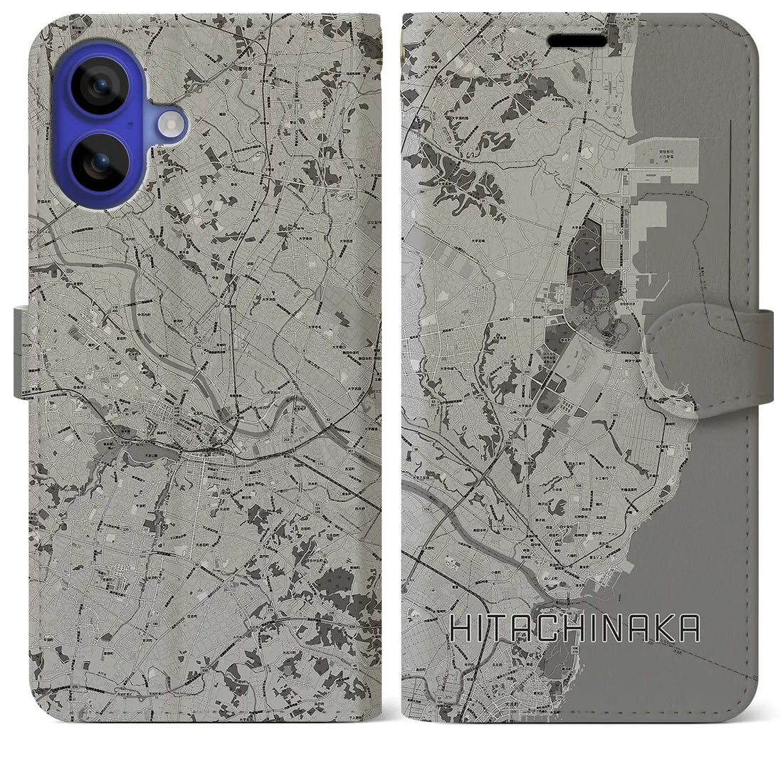 【ひたちなか(茨城県)】地図柄iPhoneケース(手帳タイプ)モノトーン・iPhone 16 Pro Max 用