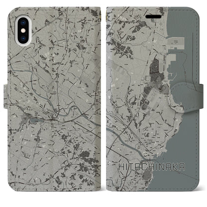 【ひたちなか（茨城県）】地図柄iPhoneケース（手帳タイプ）モノトーン・iPhone XS Max 用