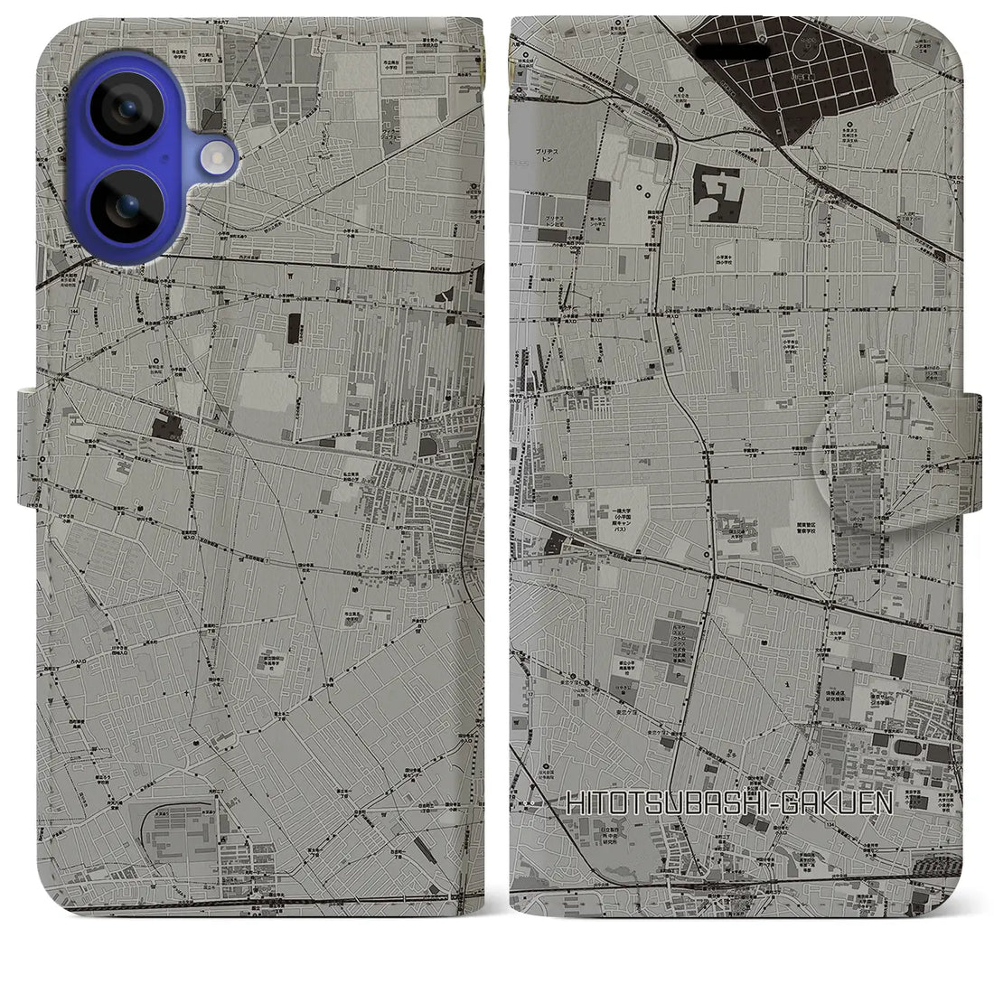 【一橋学園(東京都)】地図柄iPhoneケース(手帳タイプ)モノトーン・iPhone 16 Pro Max 用