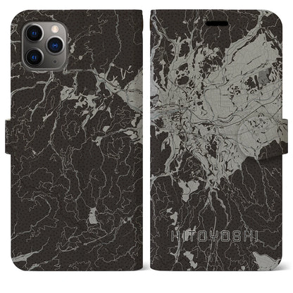 【人吉（熊本県）】地図柄iPhoneケース（手帳タイプ）モノトーン・iPhone 11 Pro Max 用