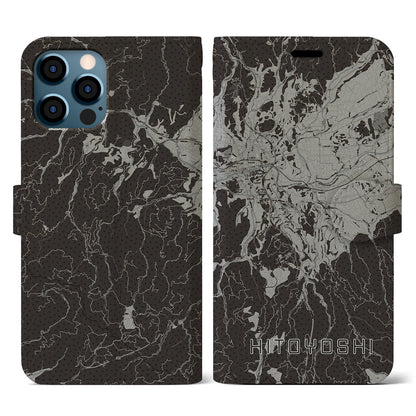 【人吉（熊本県）】地図柄iPhoneケース（手帳タイプ）モノトーン・iPhone 12 / 12 Pro 用
