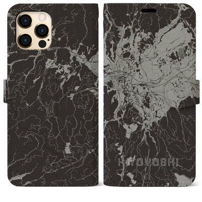【人吉（熊本県）】地図柄iPhoneケース（手帳タイプ）モノトーン・iPhone 12 Pro Max 用