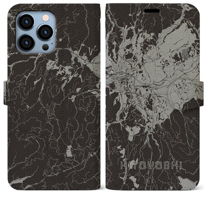 【人吉（熊本県）】地図柄iPhoneケース（手帳タイプ）モノトーン・iPhone 13 Pro Max 用