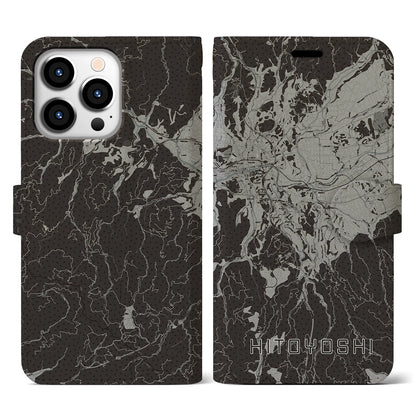 【人吉（熊本県）】地図柄iPhoneケース（手帳タイプ）モノトーン・iPhone 13 Pro 用