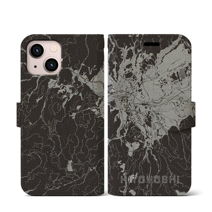 【人吉（熊本県）】地図柄iPhoneケース（手帳タイプ）モノトーン・iPhone 13 mini 用