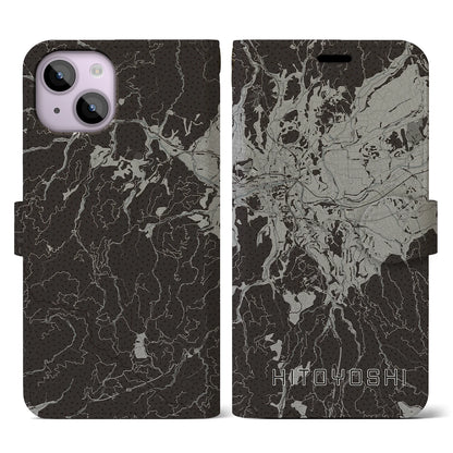 【人吉（熊本県）】地図柄iPhoneケース（手帳タイプ）モノトーン・iPhone 14 用