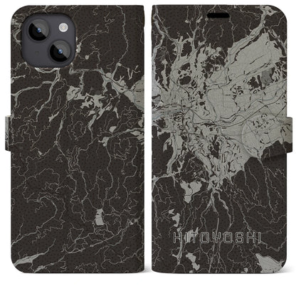 【人吉（熊本県）】地図柄iPhoneケース（手帳タイプ）モノトーン・iPhone 14 Plus 用