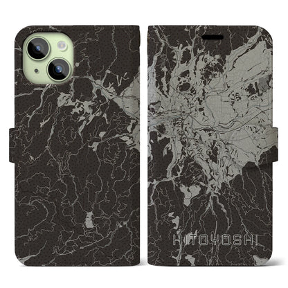 【人吉（熊本県）】地図柄iPhoneケース（手帳タイプ）モノトーン・iPhone 15 用