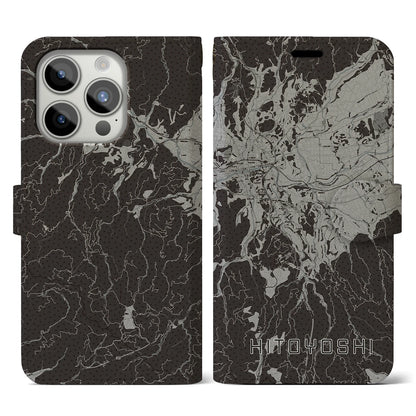 【人吉（熊本県）】地図柄iPhoneケース（手帳タイプ）モノトーン・iPhone 15 Pro 用