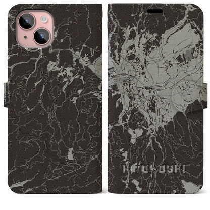 【人吉（熊本県）】地図柄iPhoneケース（手帳タイプ）モノトーン・iPhone 15 Plus 用