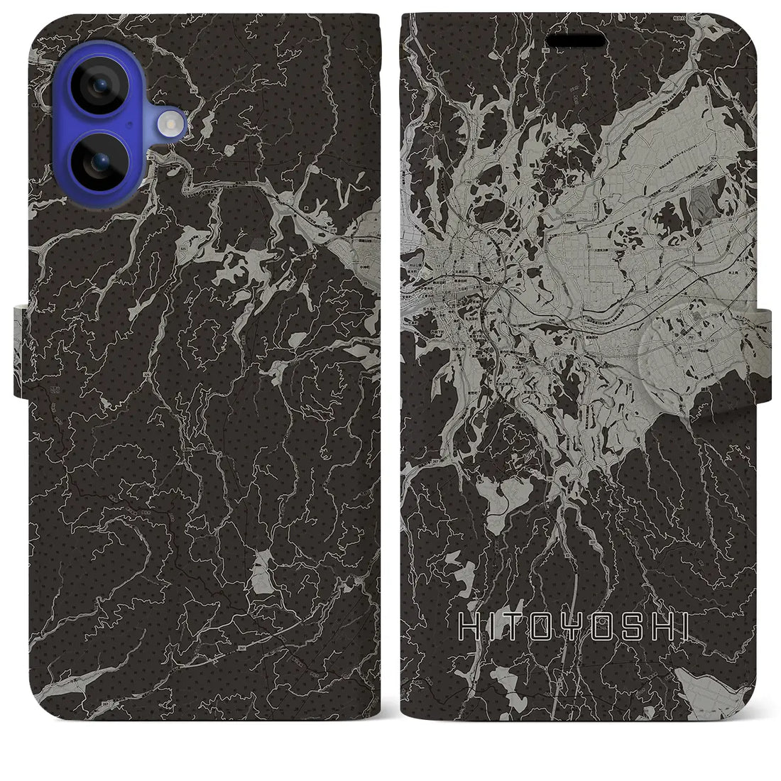 【人吉(熊本県)】地図柄iPhoneケース(手帳タイプ)モノトーン・iPhone 16 Pro Max 用