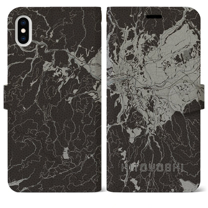 【人吉（熊本県）】地図柄iPhoneケース（手帳タイプ）モノトーン・iPhone XS Max 用