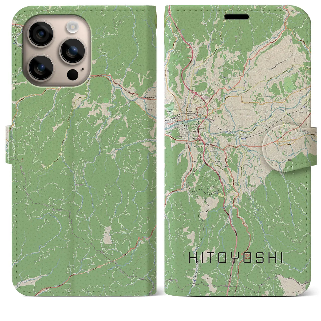 【人吉（熊本県）】地図柄iPhoneケース（手帳タイプ）ナチュラル・iPhone 16 Plus 用